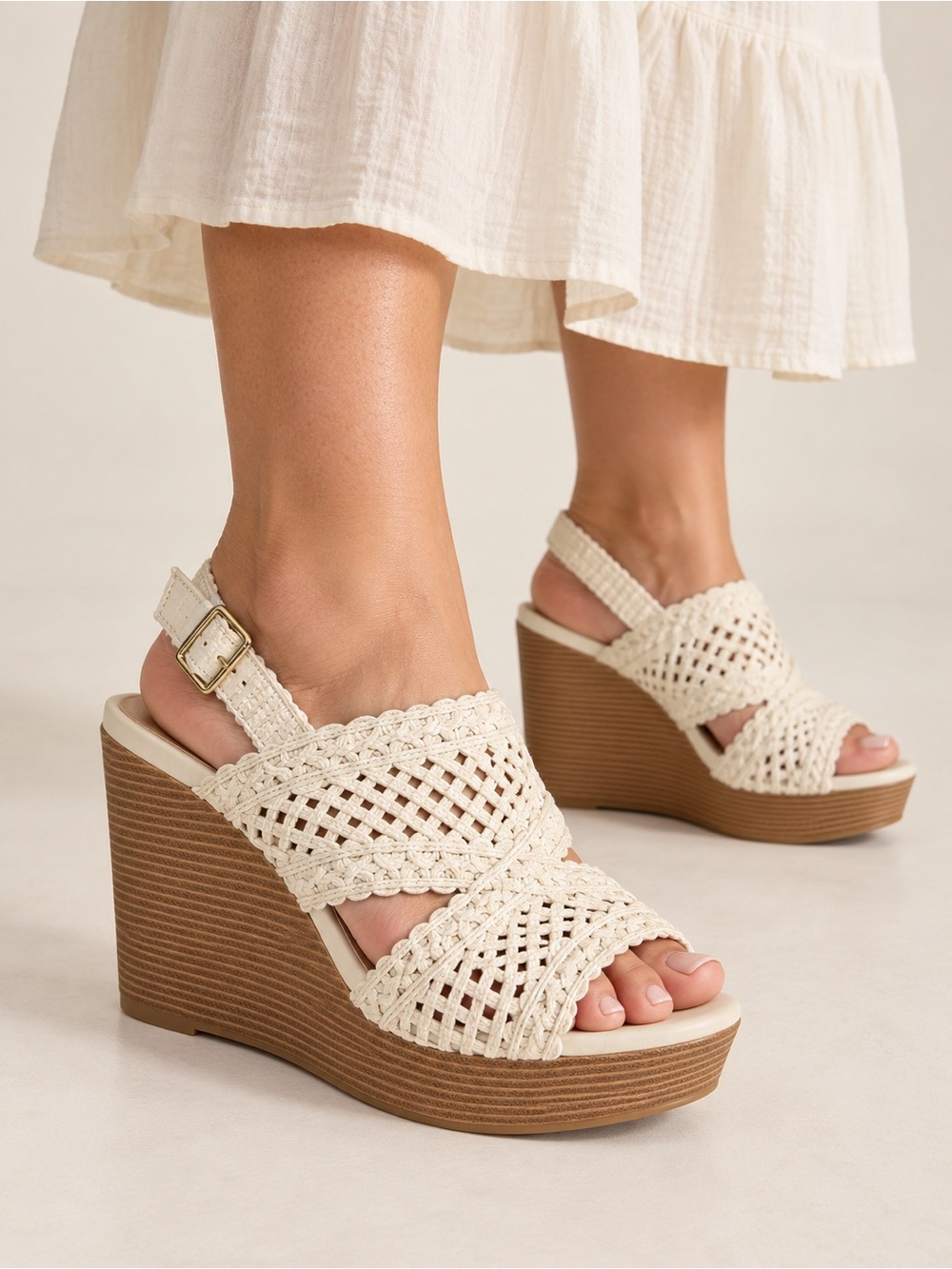 Torrid Crochet Cage Platform Wedge Sandals Natural Cream Size 11.5 WW